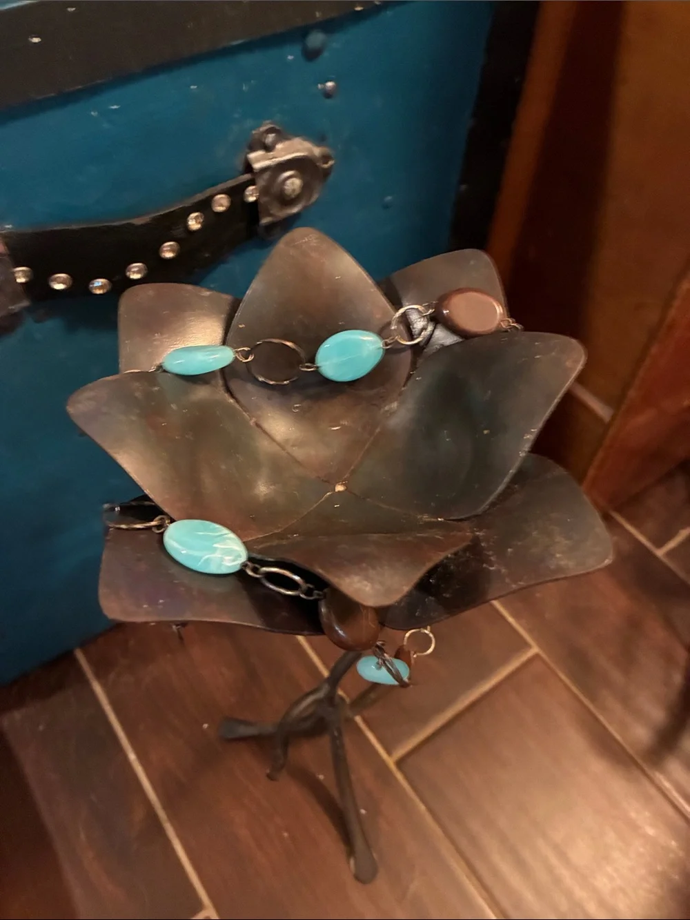 Decorative Blue Pillar Candle Holder with Turquoise Accents